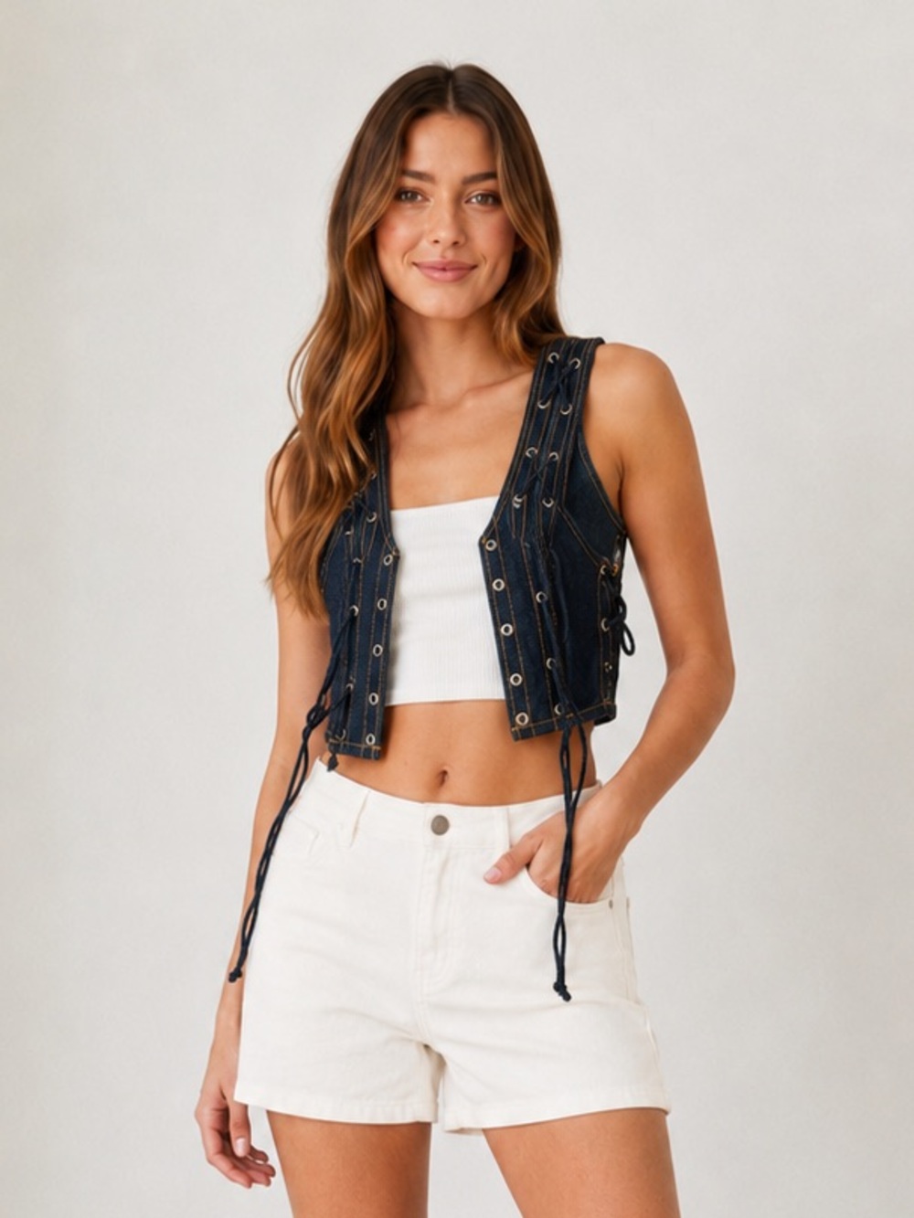 Hardeman Lace-Up Denim Vest -Vintage